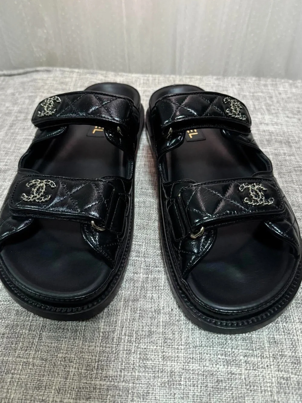 CHANEL Black Quilted Leather Double-Strap Men’s Slide Sandals